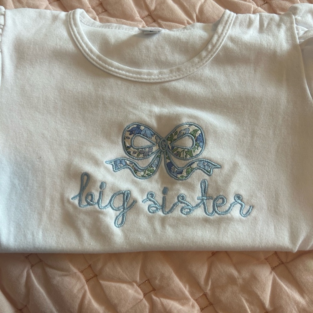 White and Blue Long Sleeve Tee with Embroidered Owls